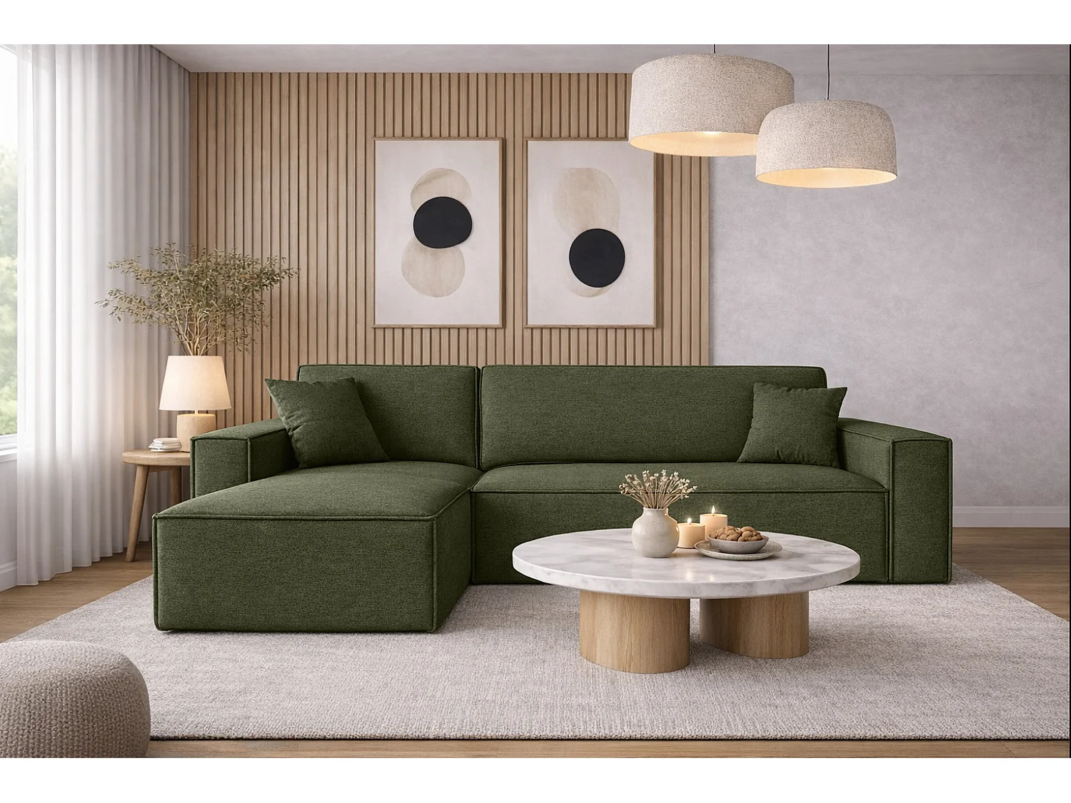 Narożnik BEST L z funkcją spania i pojemnikiem, tkanina Neve, Oliwkowy, Lewy