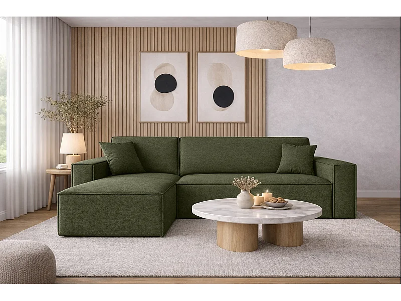 Canapé d'angle Best en L avec fonction couchage et coffre de lit, tissu Neve, olive, gauche