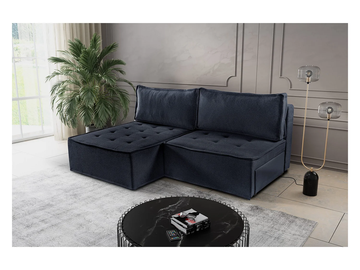 Canapé d'angle Bohoo Mini avec fonction couchage, tissu Raven, graphite, gauche