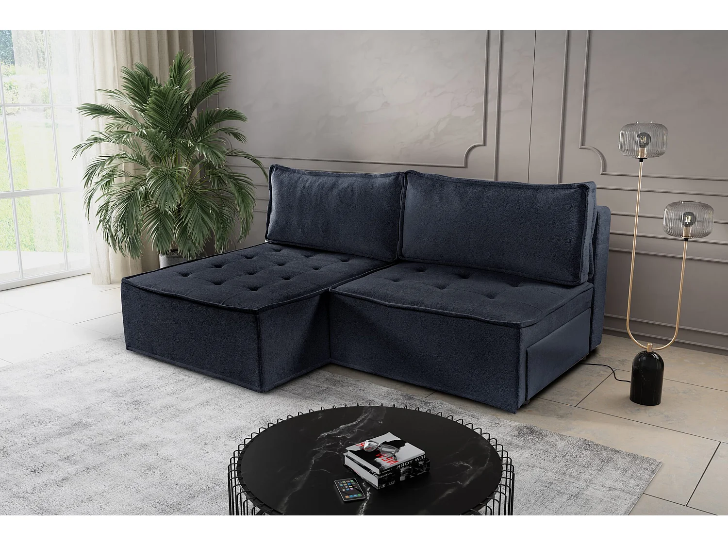 Canapé d'angle Bohoo Mini avec fonction couchage, tissu Raven, graphite, gauche