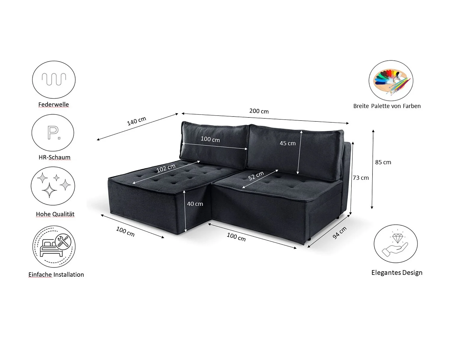 Canapé d'angle Bohoo Mini avec fonction couchage, tissu Raven, graphite, gauche
