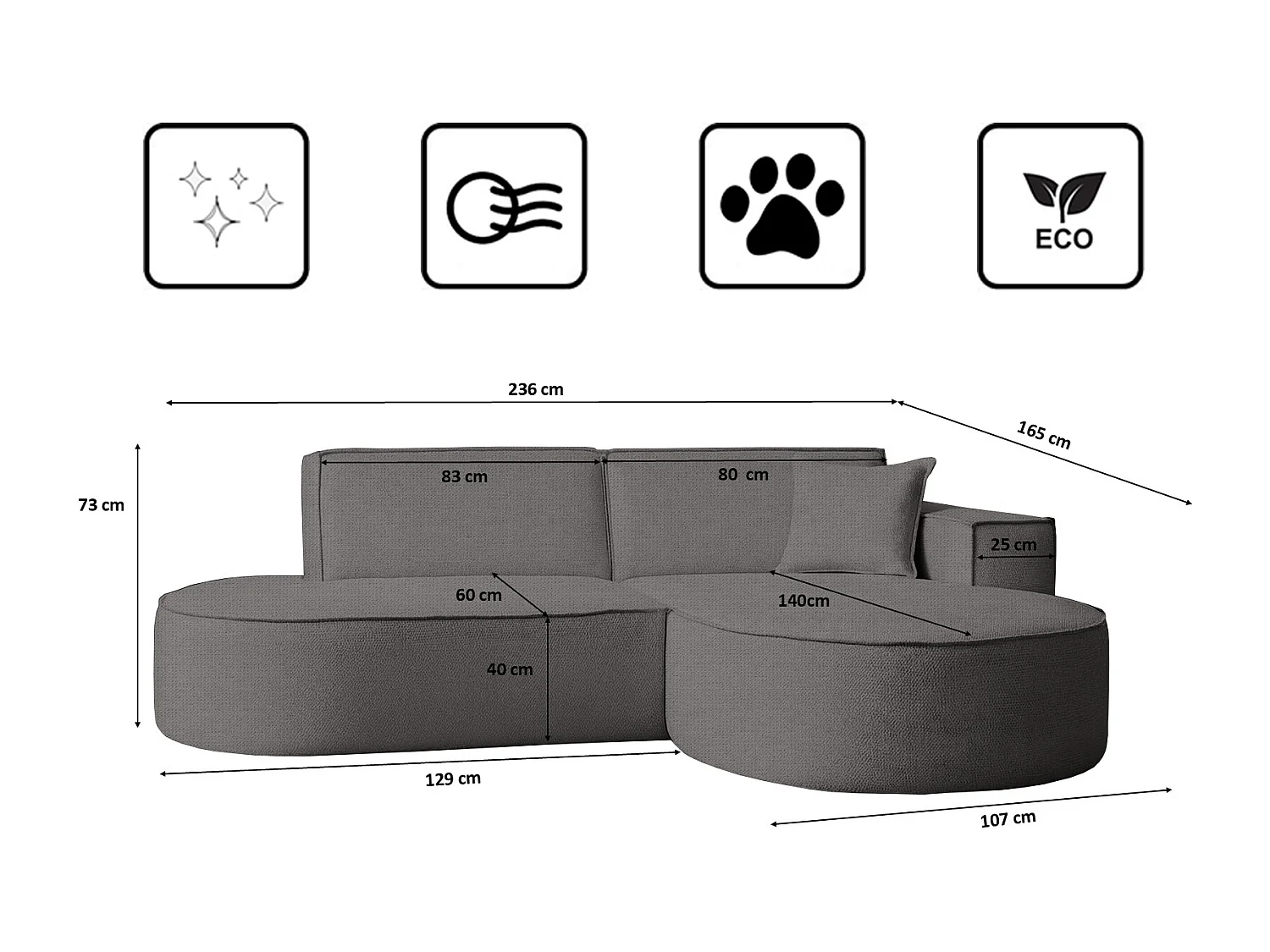 Ecksofa Modena Studio Stoff Artico, Anthrazit Rechts