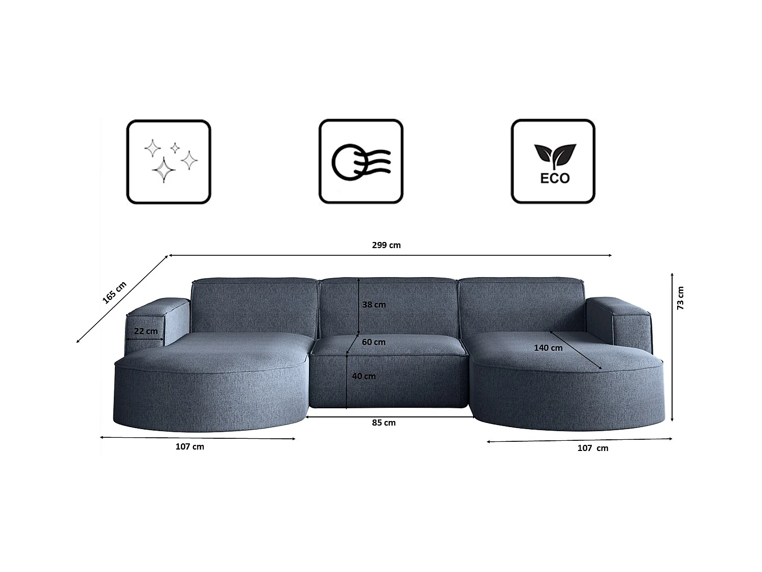 Canapé d'angle Modena en U, tissu Verita, bleu marine