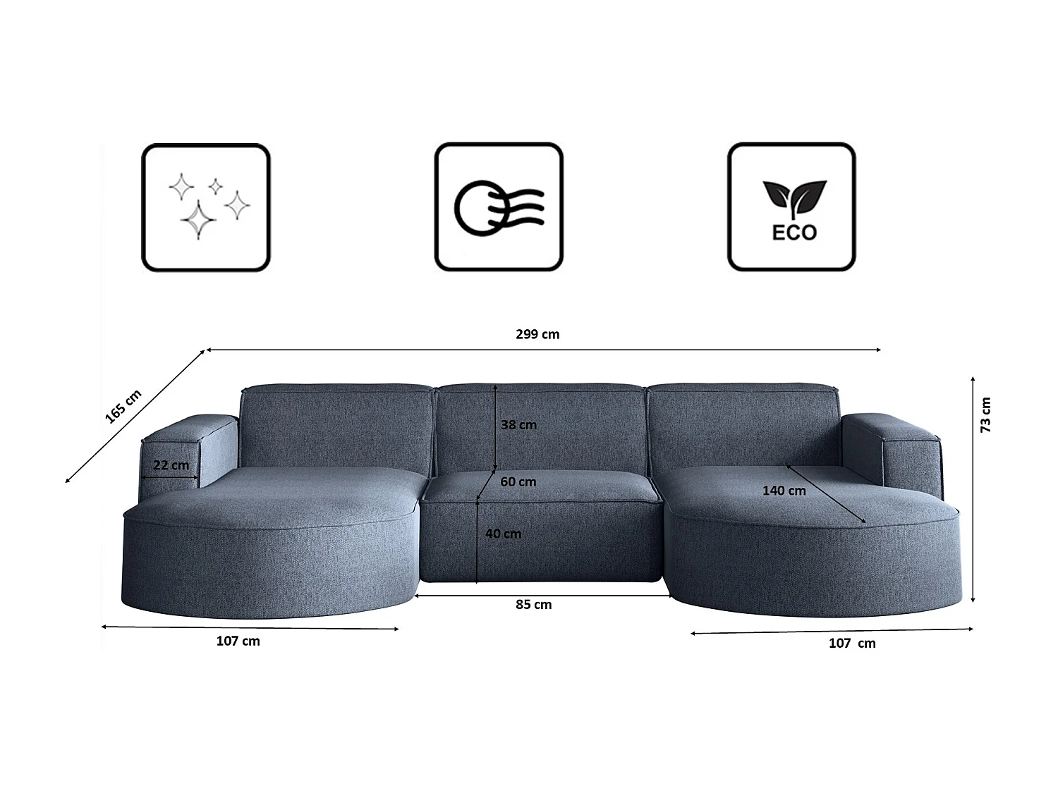 Ecksofa, Modena U-Form, Stoff Verita, Marineblau