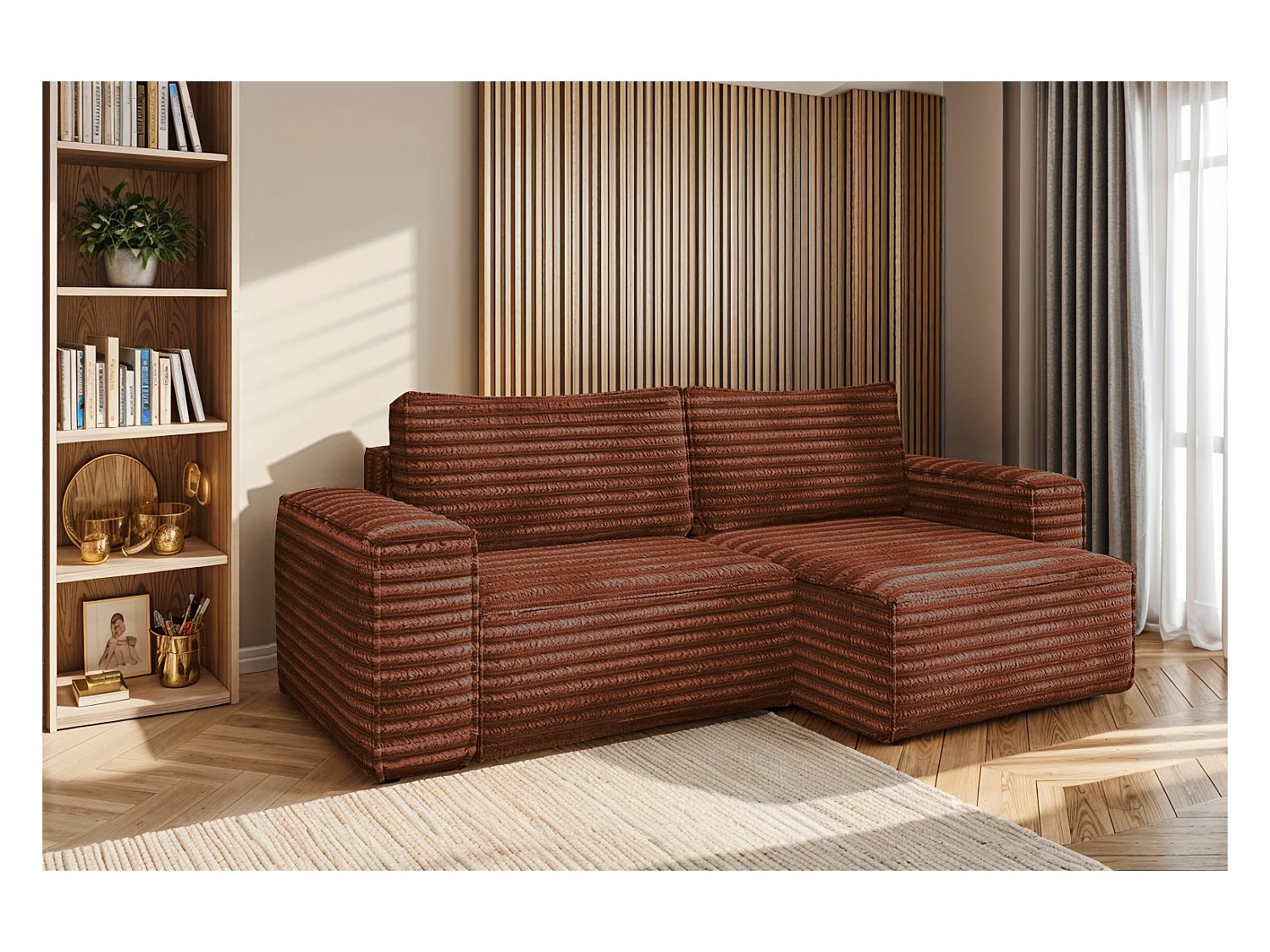 L-förmiges Bohoo-Ecksofa mit Schlaffunktion, Stoff Velo, Kupfer, Rechts