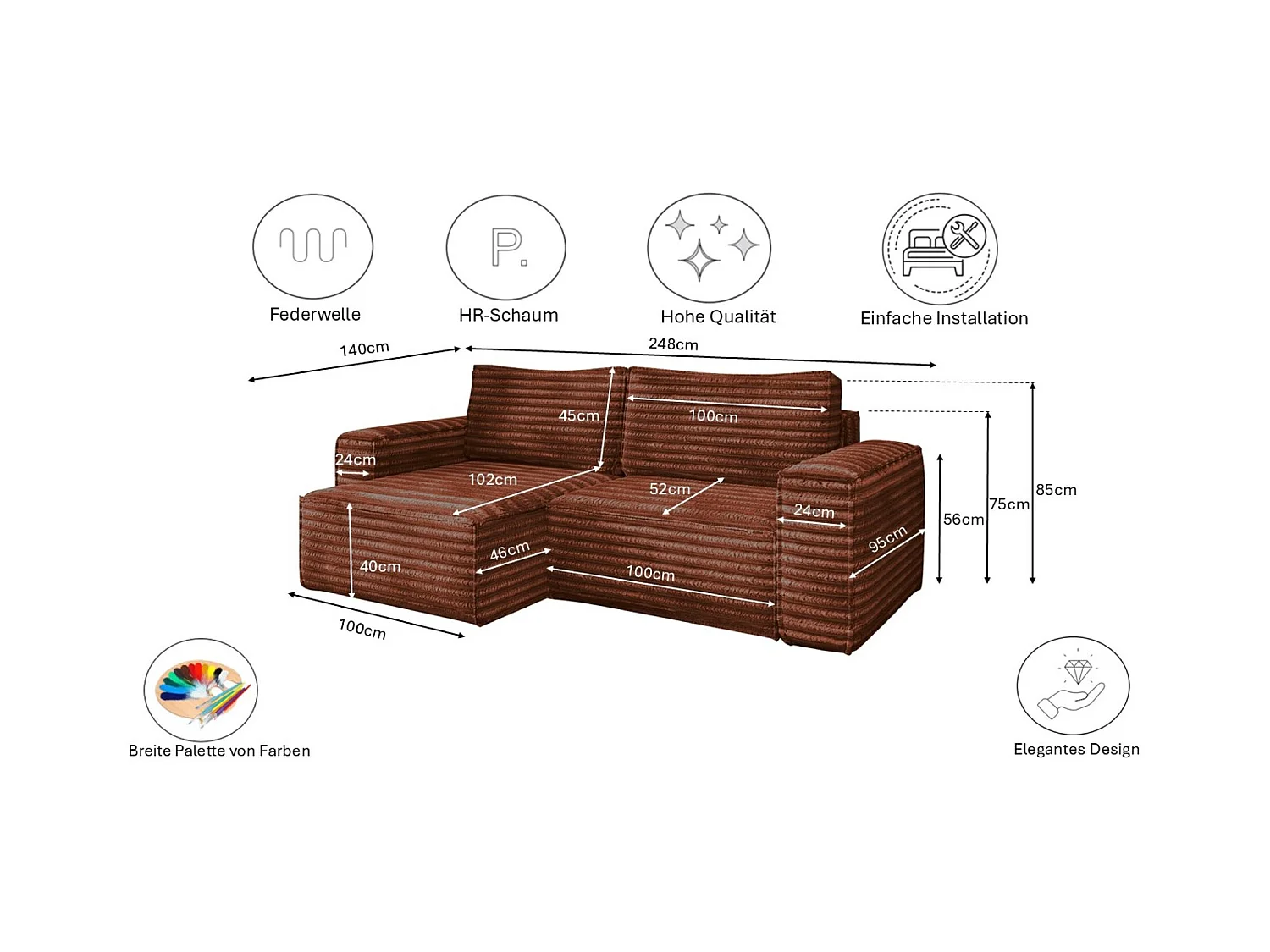 L-förmiges Bohoo-Ecksofa mit Schlaffunktion, Stoff Velo, Kupfer, Rechts