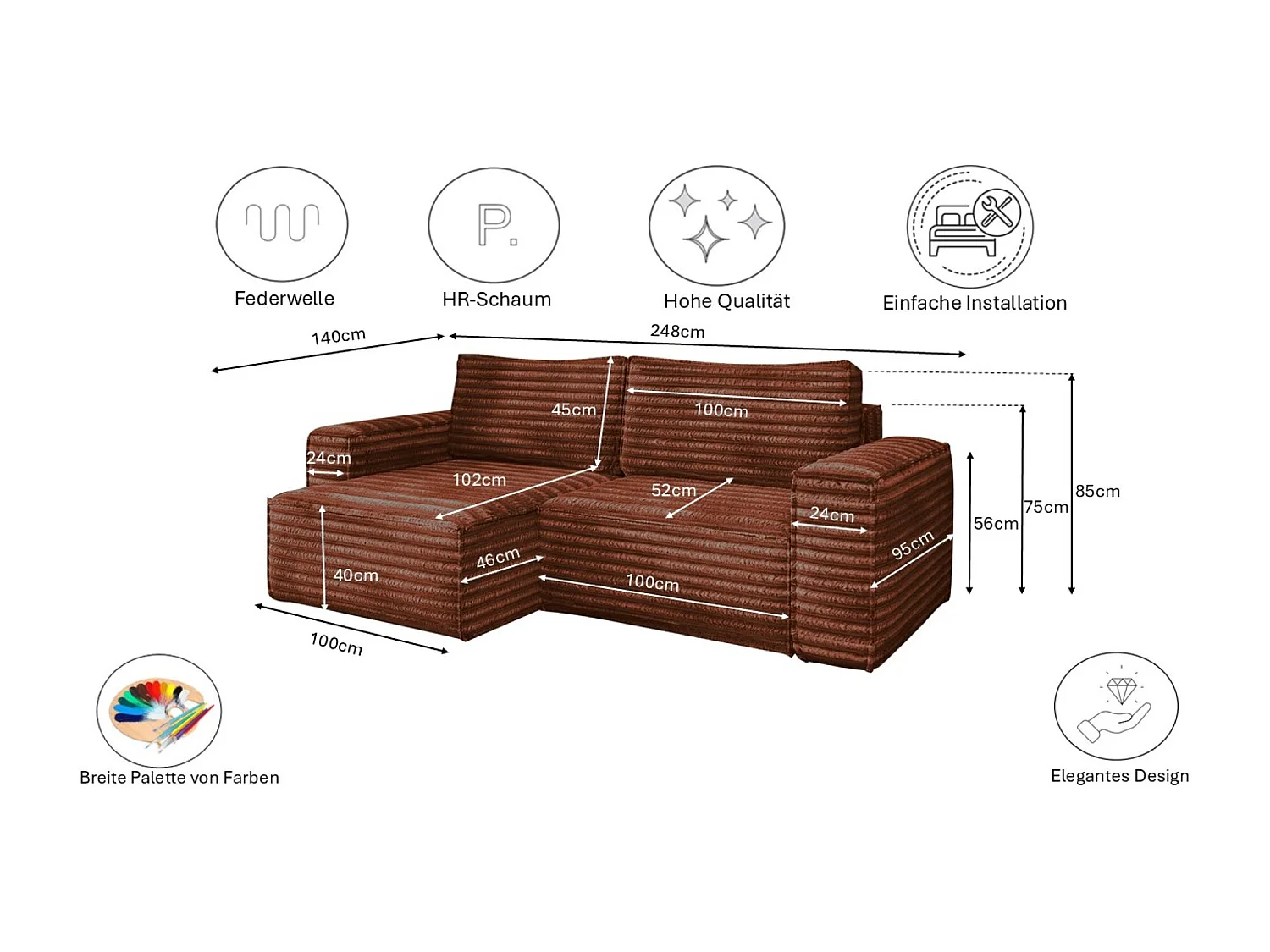 L-förmiges Bohoo-Ecksofa mit Schlaffunktion, Stoff Velo, Kupfer, Rechts