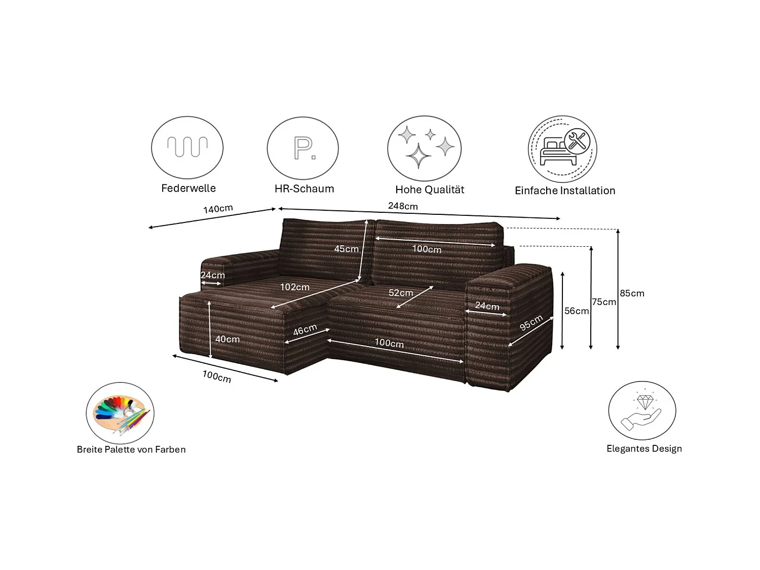 L-förmiges Bohoo-Ecksofa mit Schlaffunktion, Stoff Velo, Braun, Links
