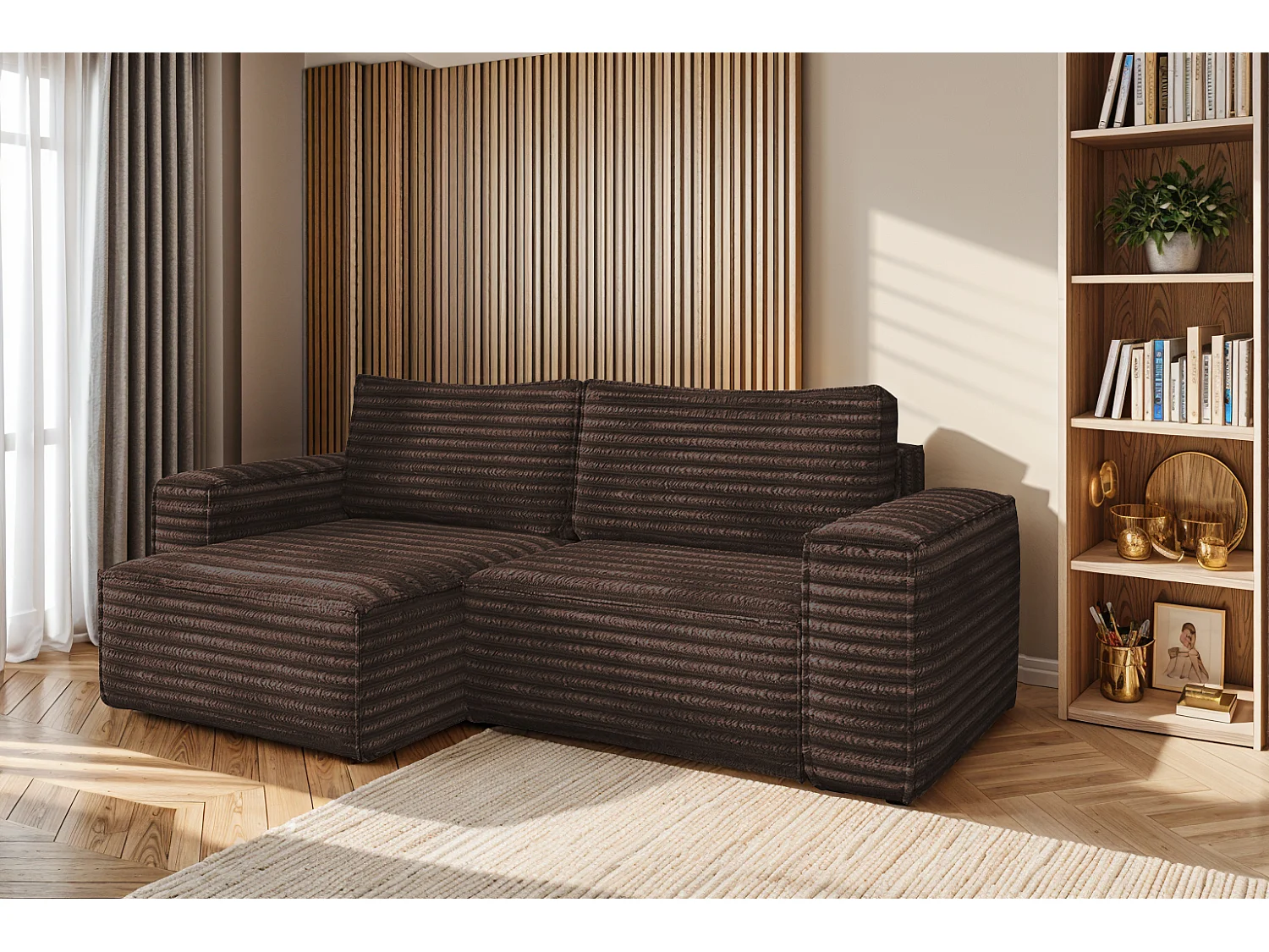 L-förmiges Bohoo-Ecksofa mit Schlaffunktion, Stoff Velo, Braun, Links