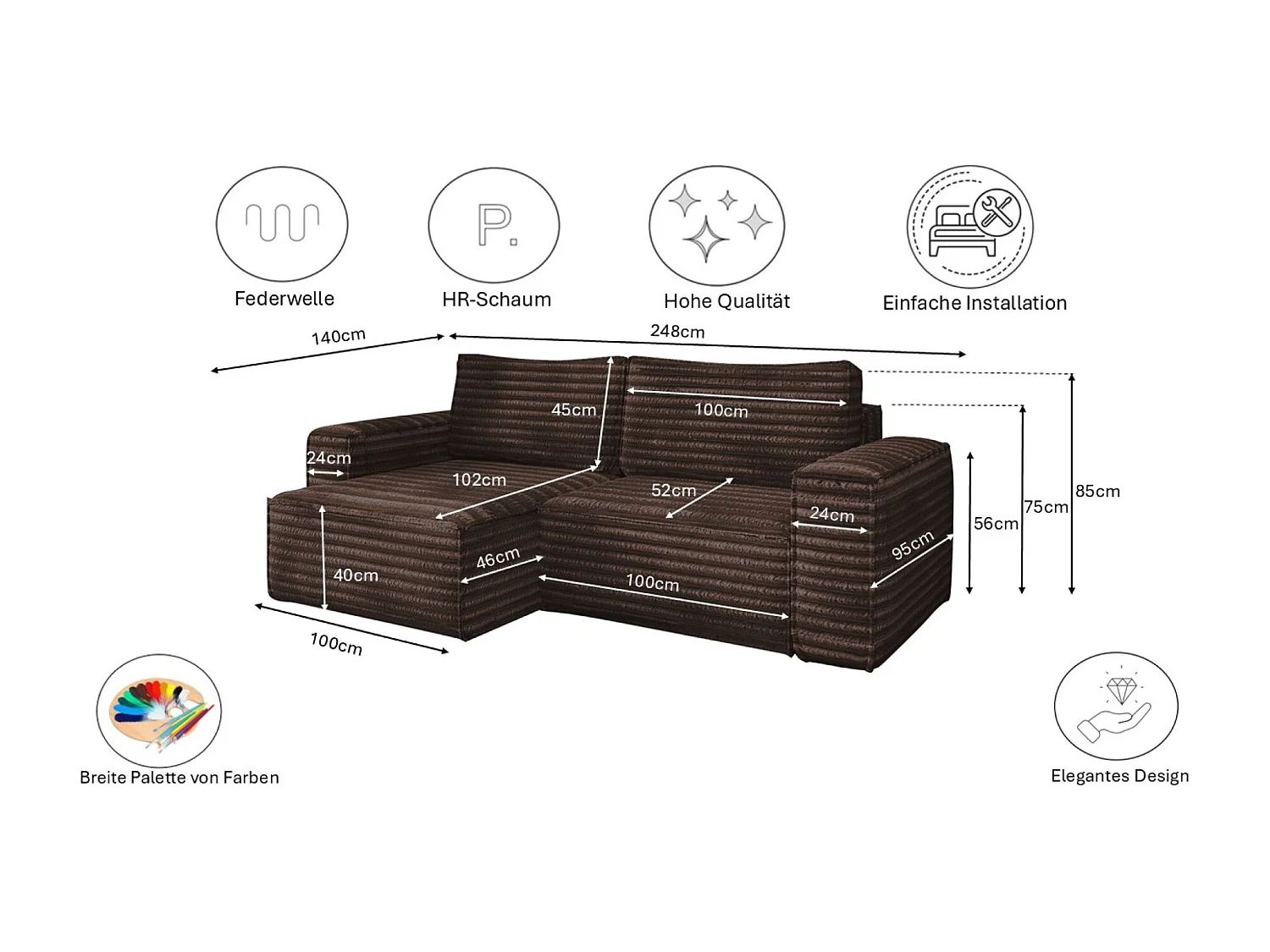 L-förmiges Bohoo-Ecksofa mit Schlaffunktion, Stoff Velo, Braun, Links