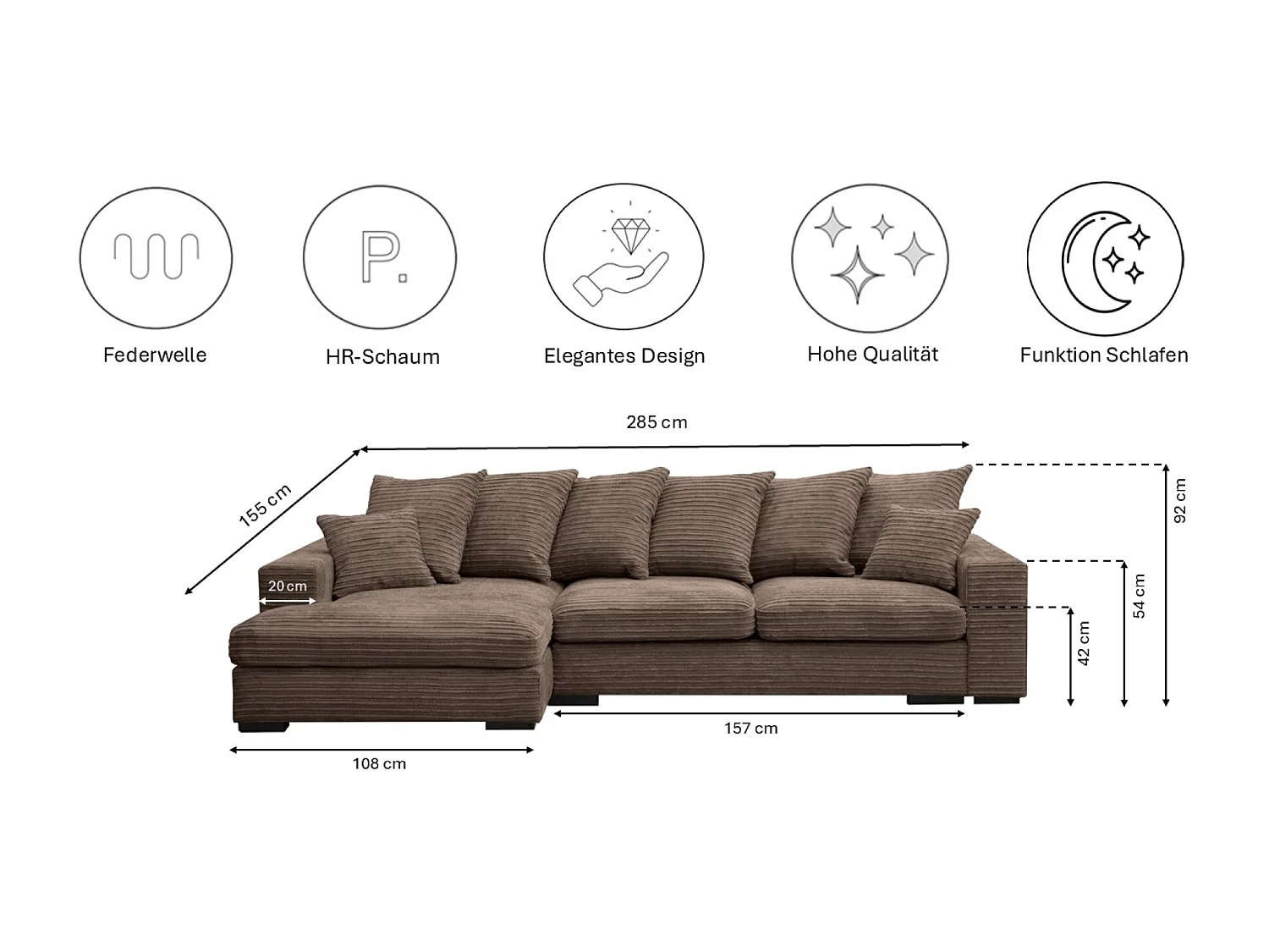 Canapé d'angle avec fonction couchage et coffre de lit, Canapé forme L, Canapé forme L tissu Gabon Zoom Marron Gauche