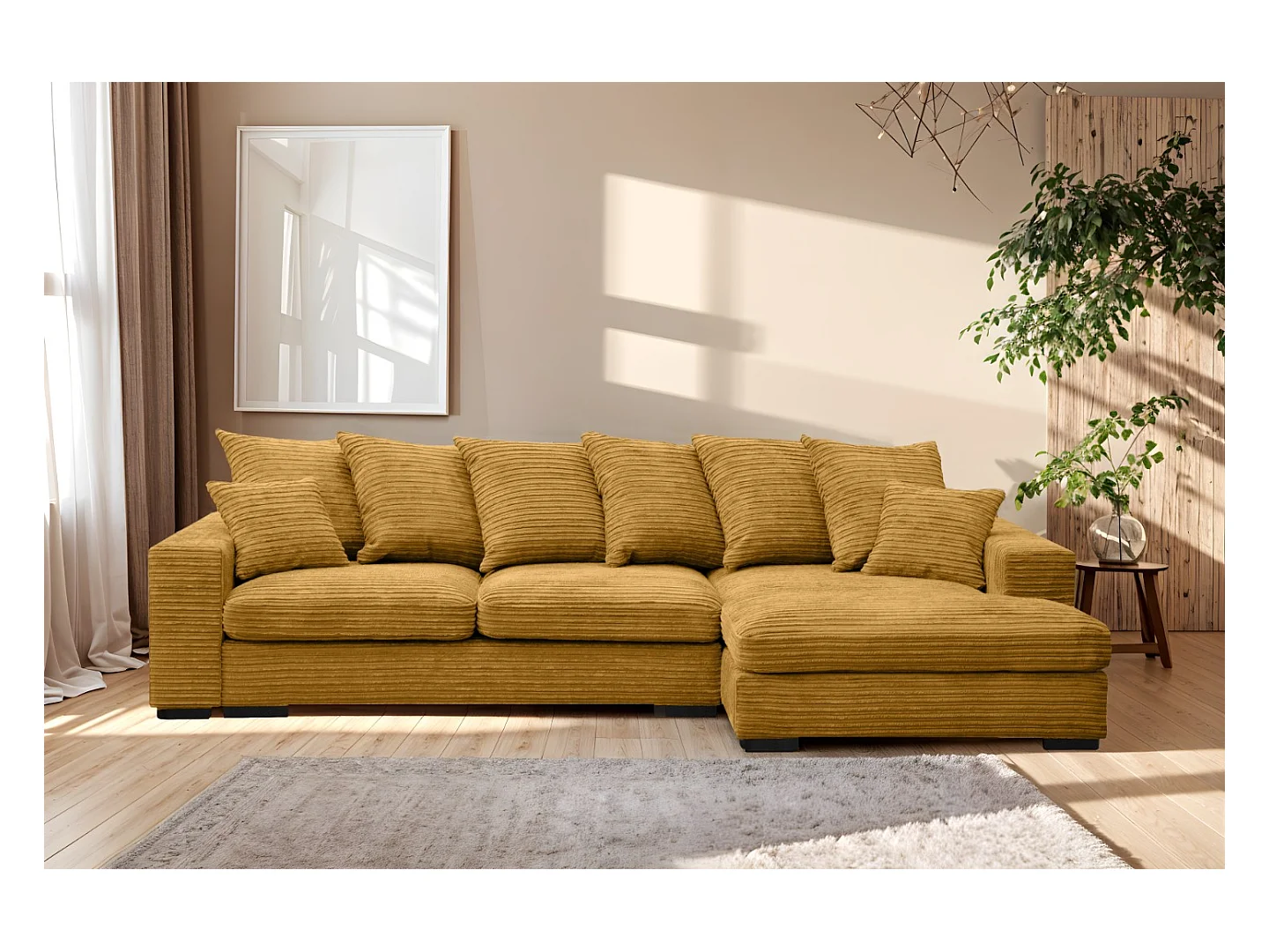 Canapé d'angle avec fonction couchage et coffre de lit, Canapé forme L, Canapé forme L tissu Gabon Zoom Jaune Droite