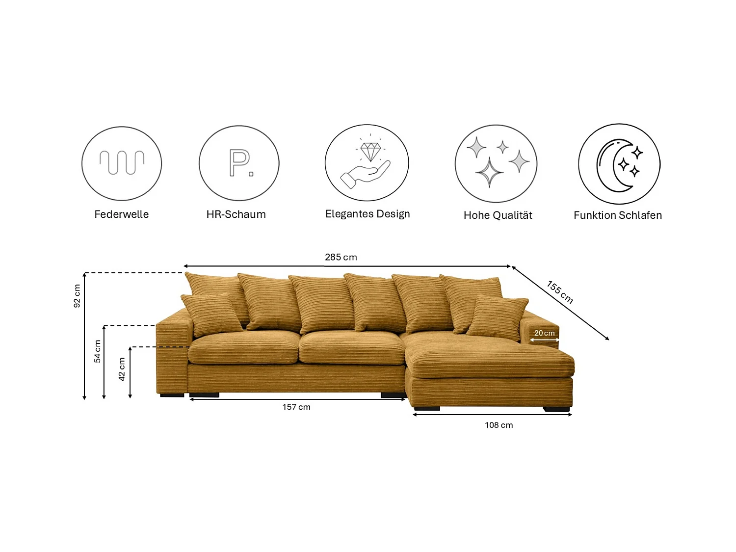 Canapé d'angle avec fonction couchage et coffre de lit, Canapé forme L, Canapé forme L tissu Gabon Zoom Jaune Droite