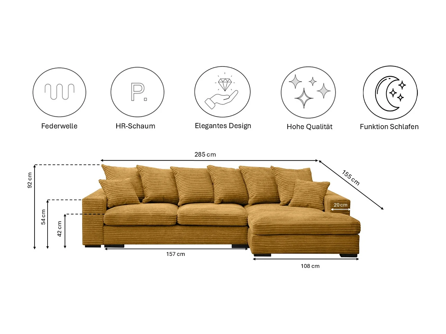 Canapé d'angle avec fonction couchage et coffre de lit, Canapé forme L, Canapé forme L tissu Gabon Zoom Jaune Droite
