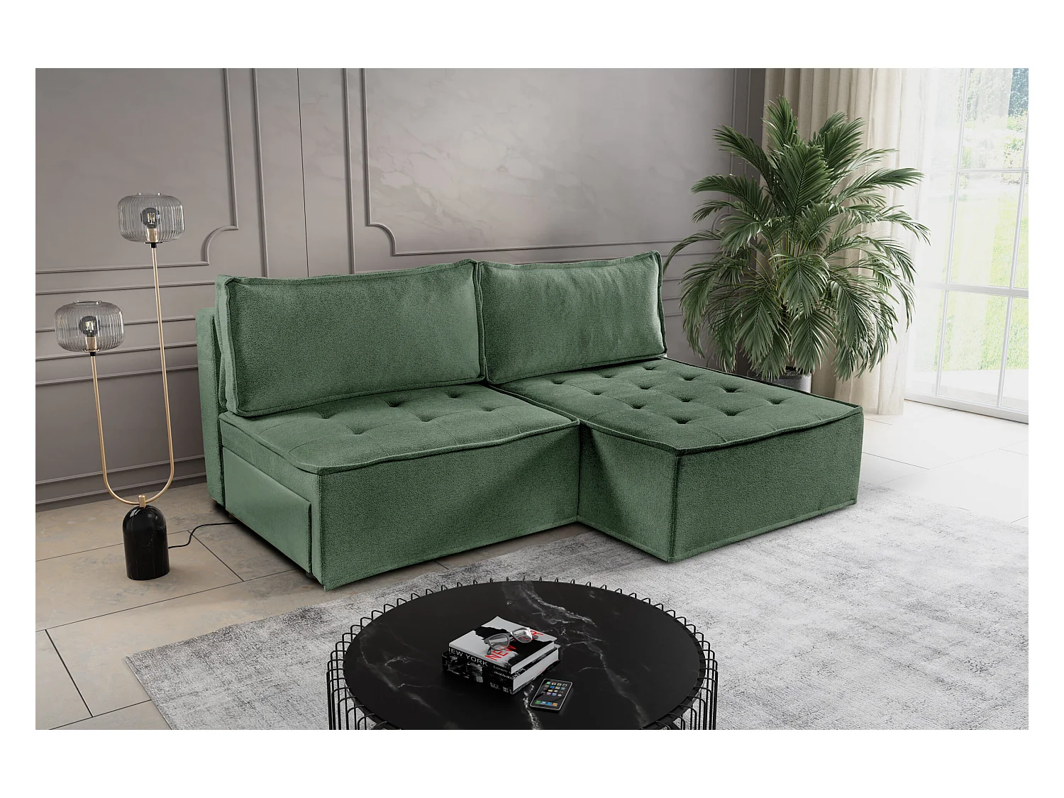 Canapé d'angle Bohoo Mini avec fonction couchage, tissu Raven, vert clair, droit