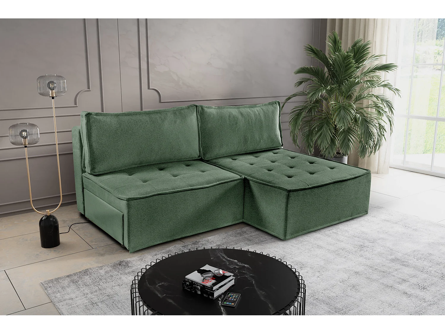 Canapé d'angle Bohoo Mini avec fonction couchage, tissu Raven, vert clair, droit