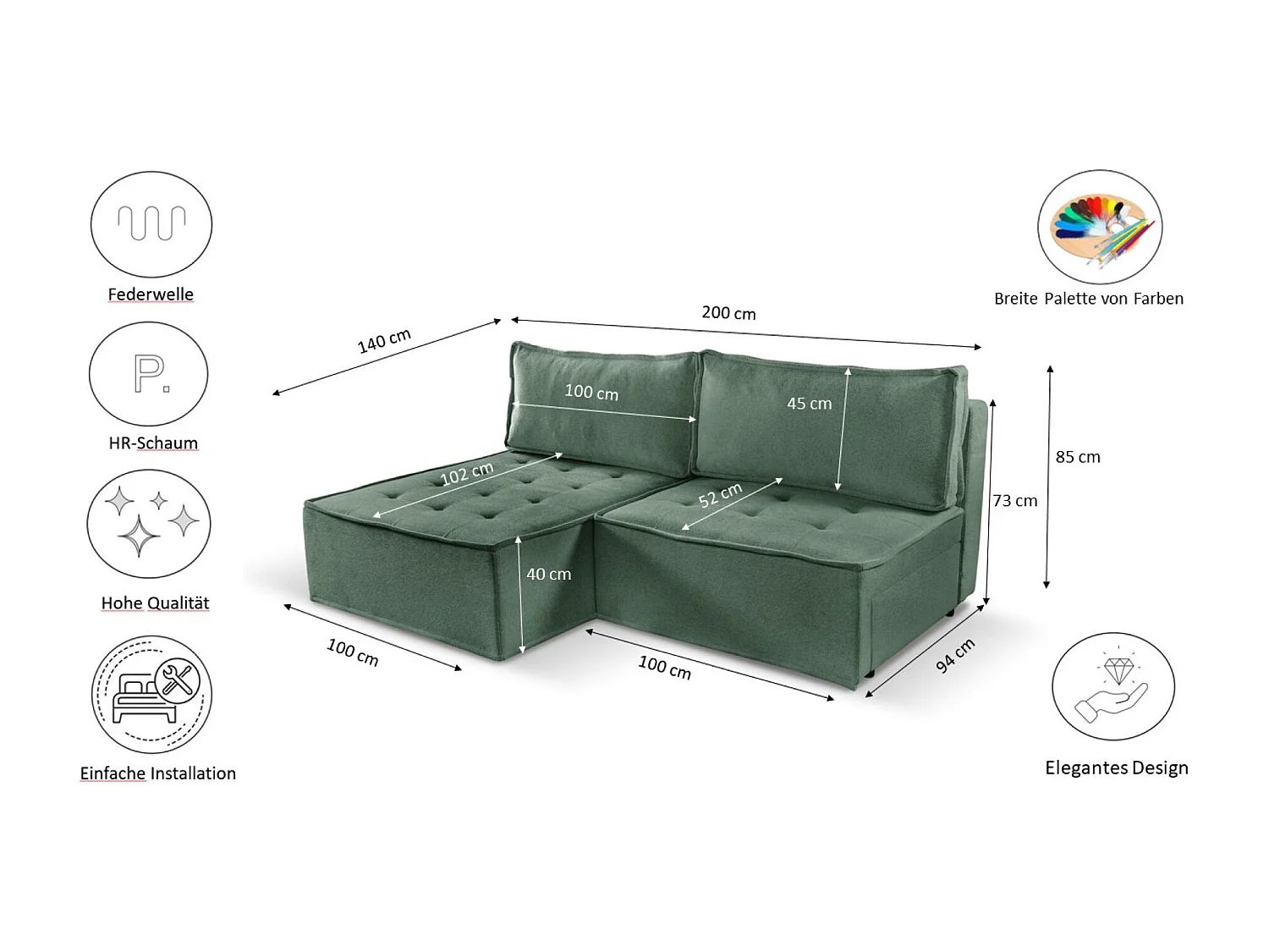 Canapé d'angle Bohoo Mini avec fonction couchage, tissu Raven, vert clair, droit