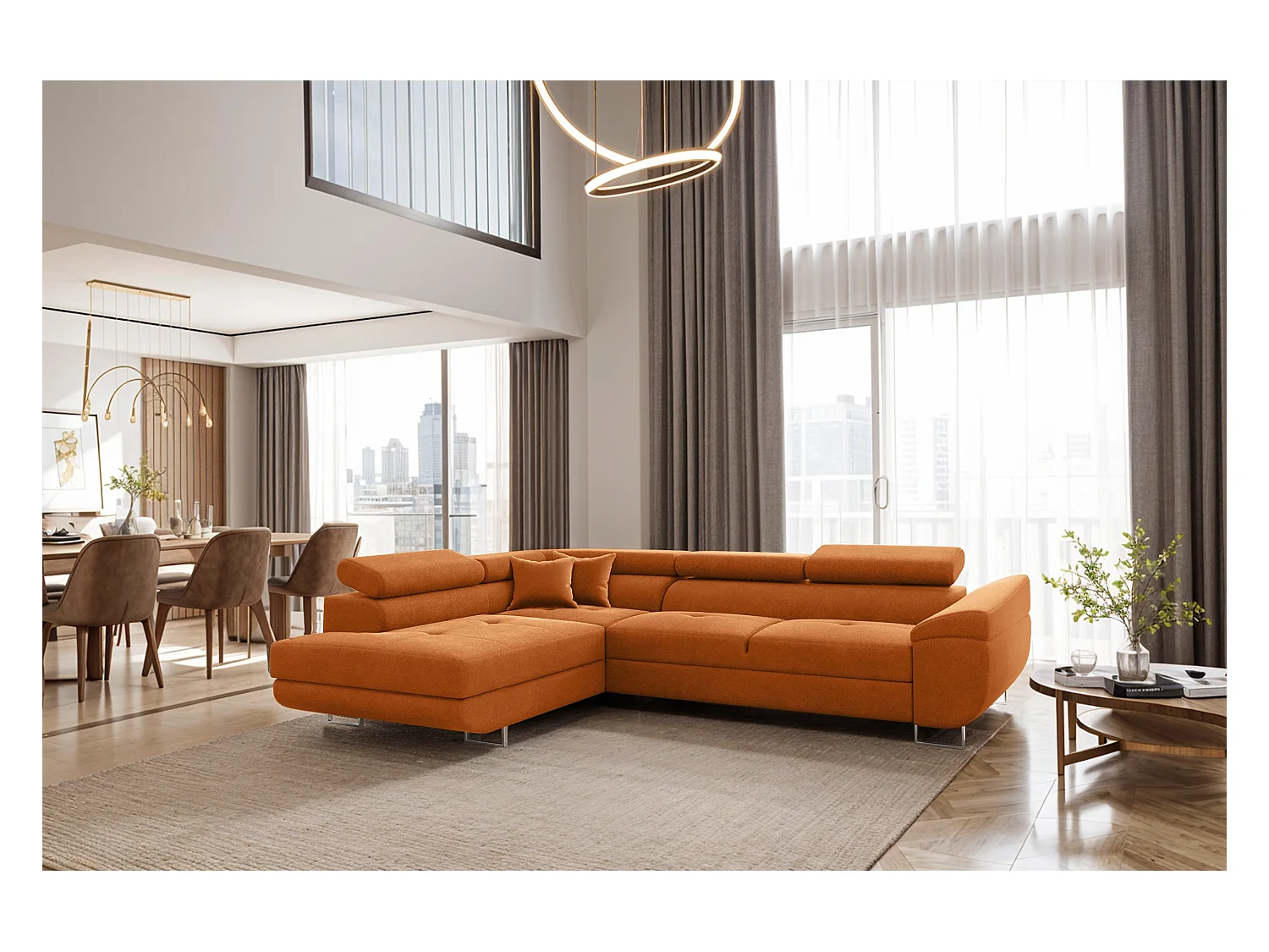 Canapé d'angle en L FALIO avec fonction couchage, tissu Noel, orange, gauche