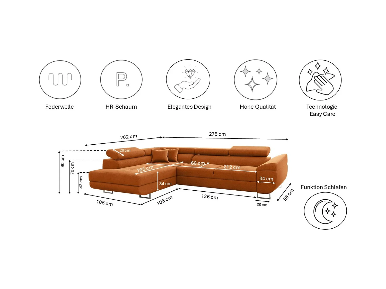 Canapé d'angle en L FALIO avec fonction couchage, tissu Noel, orange, gauche