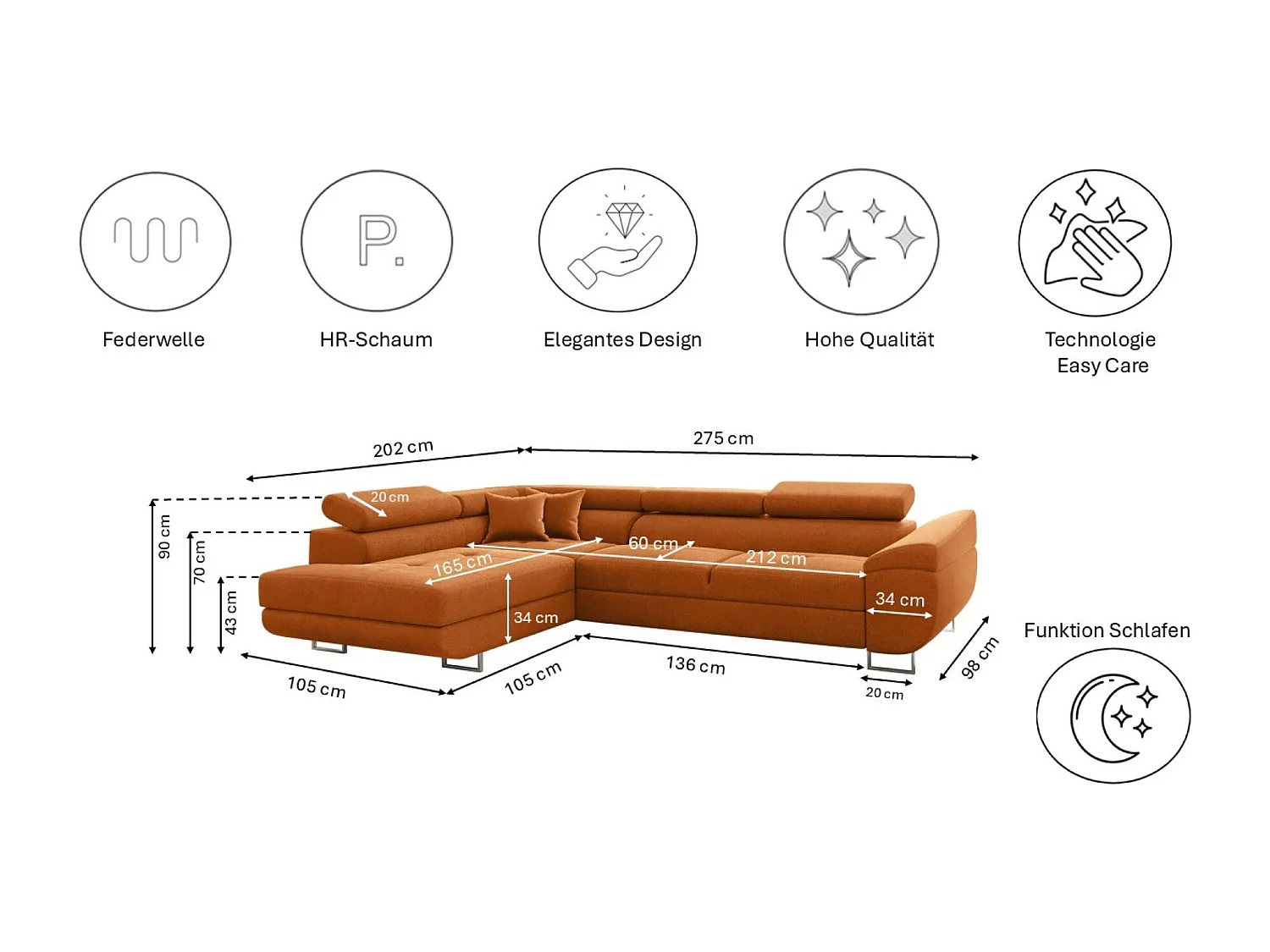 Canapé d'angle en L FALIO avec fonction couchage, tissu Noel, orange, gauche