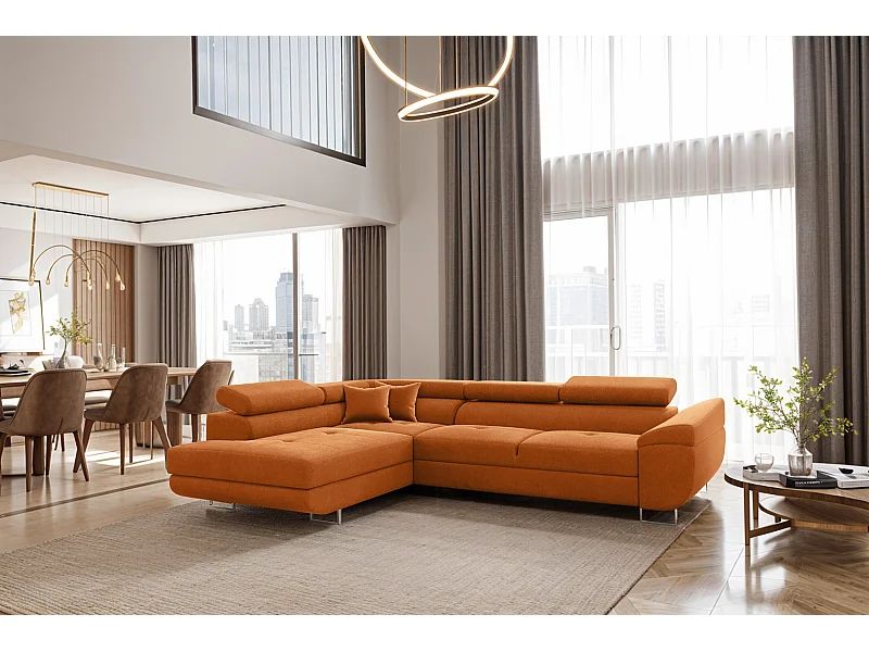 FALIO L-vormige hoekbank met slaapfunctie, stof Noel, oranje, links