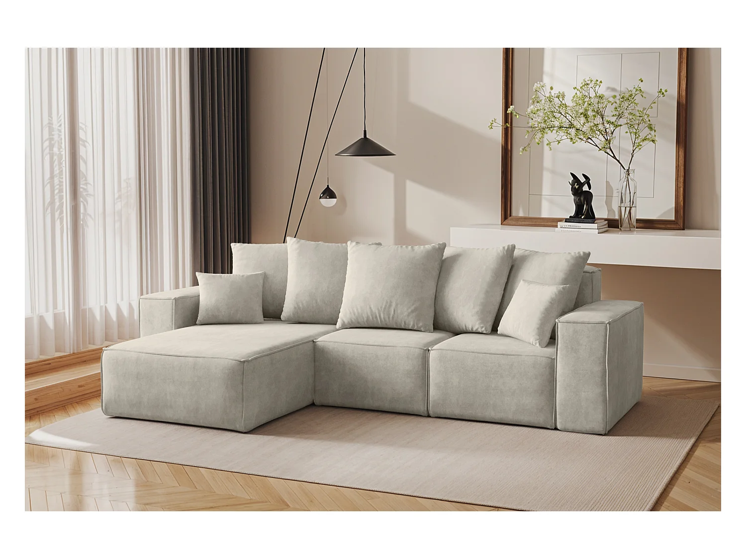 Canapé d'angle en L, collection premium ELLA, tissu Noel, gris clair, gauche