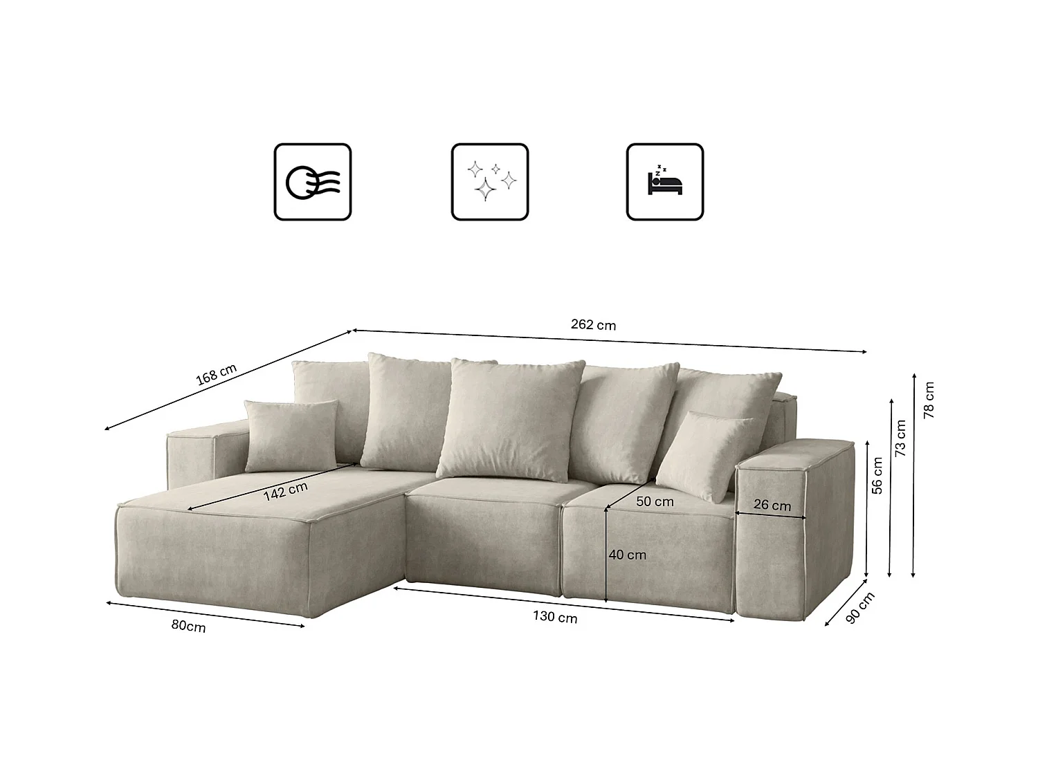 Canapé d'angle en L, collection premium ELLA, tissu Noel, gris clair, gauche