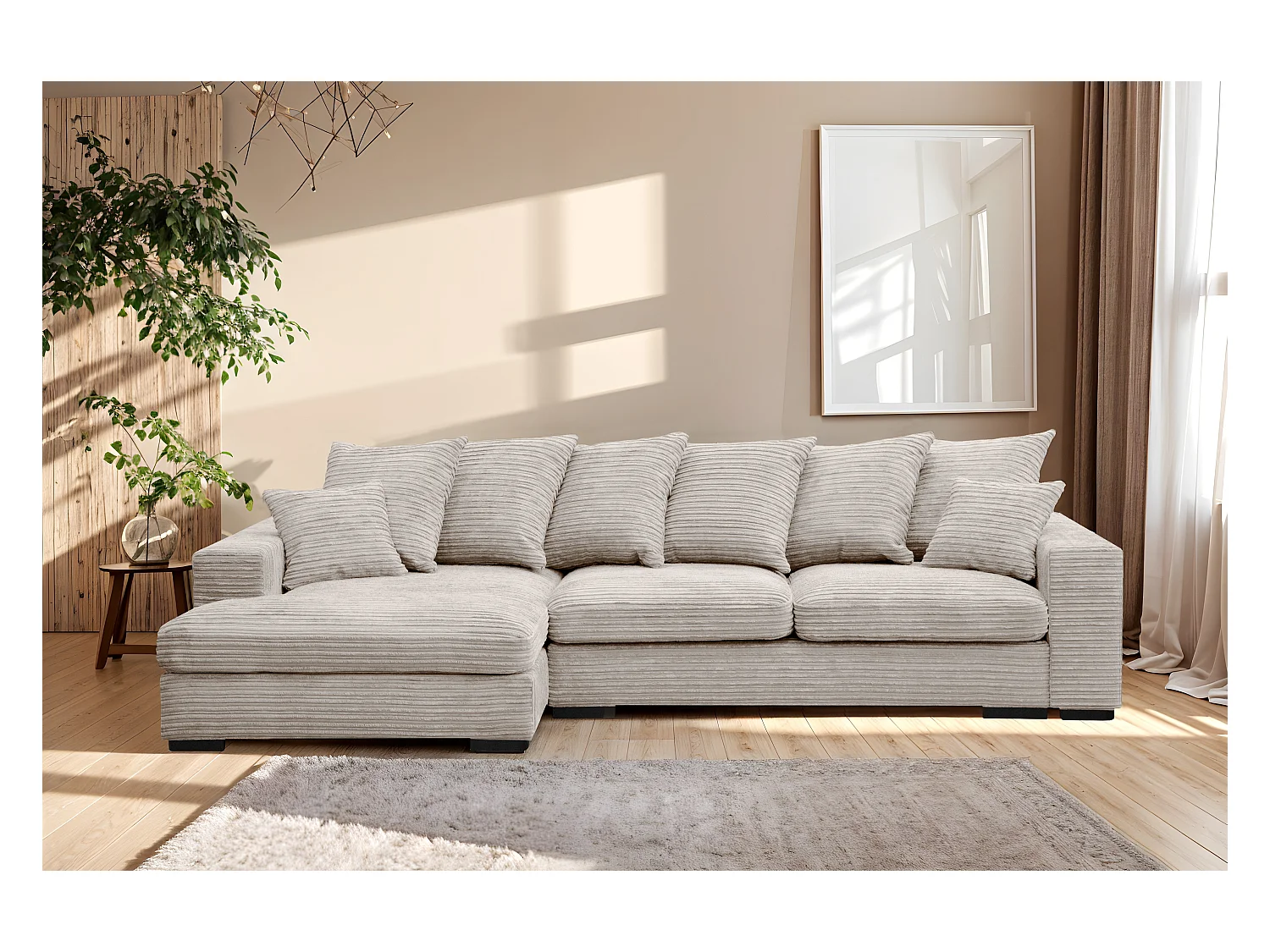 Canapé d'angle avec fonction couchage et coffre de lit, Canapé forme L, Canapé forme L tissu Gabon Zoom Perle Links