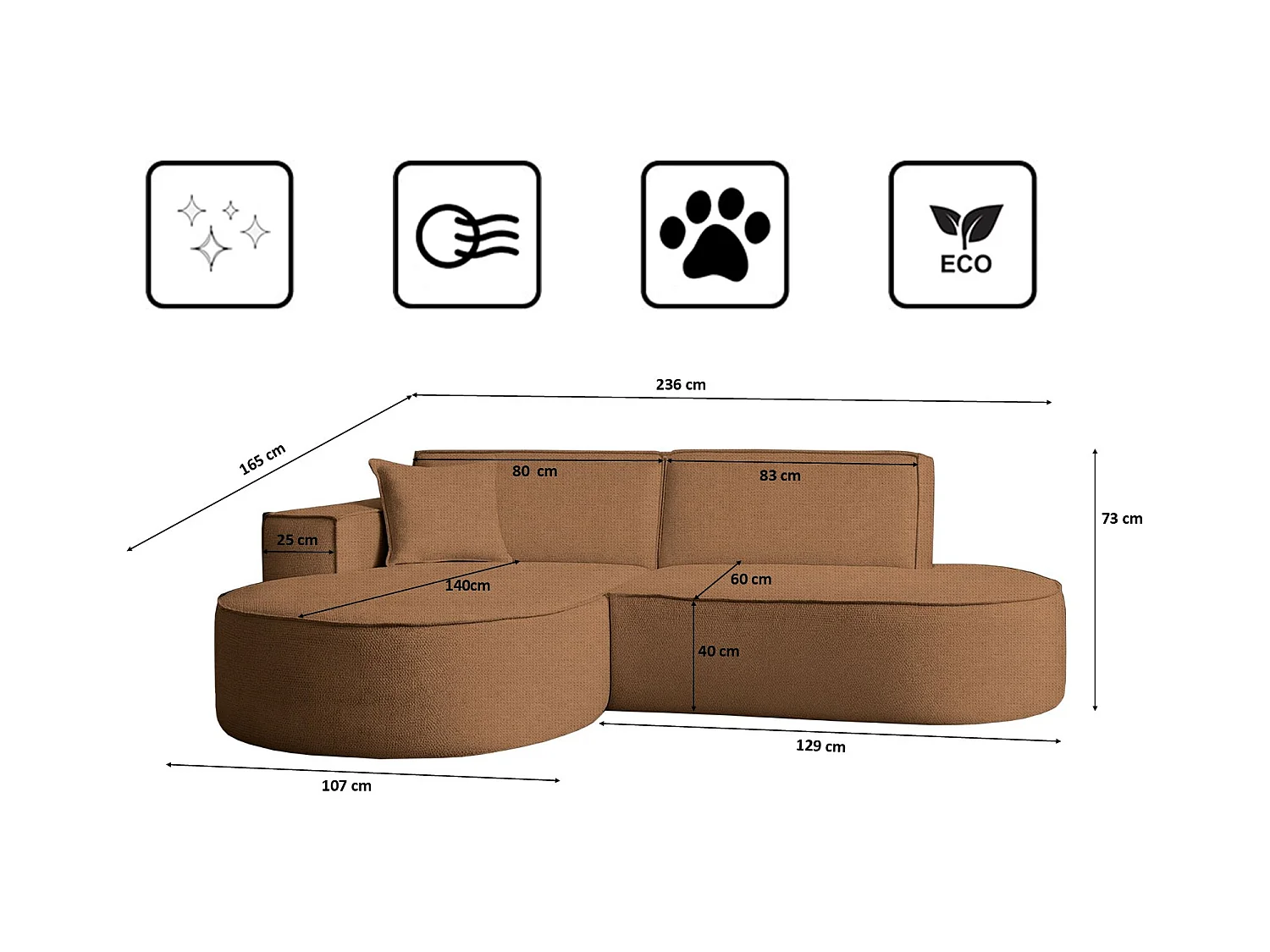 Canapé d'angle Modena Studio tissu Artico, Rouille Gauche