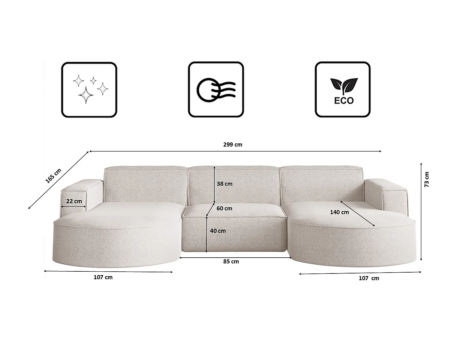 Canapé d'angle, forme U Modena, tissu Verita, écru