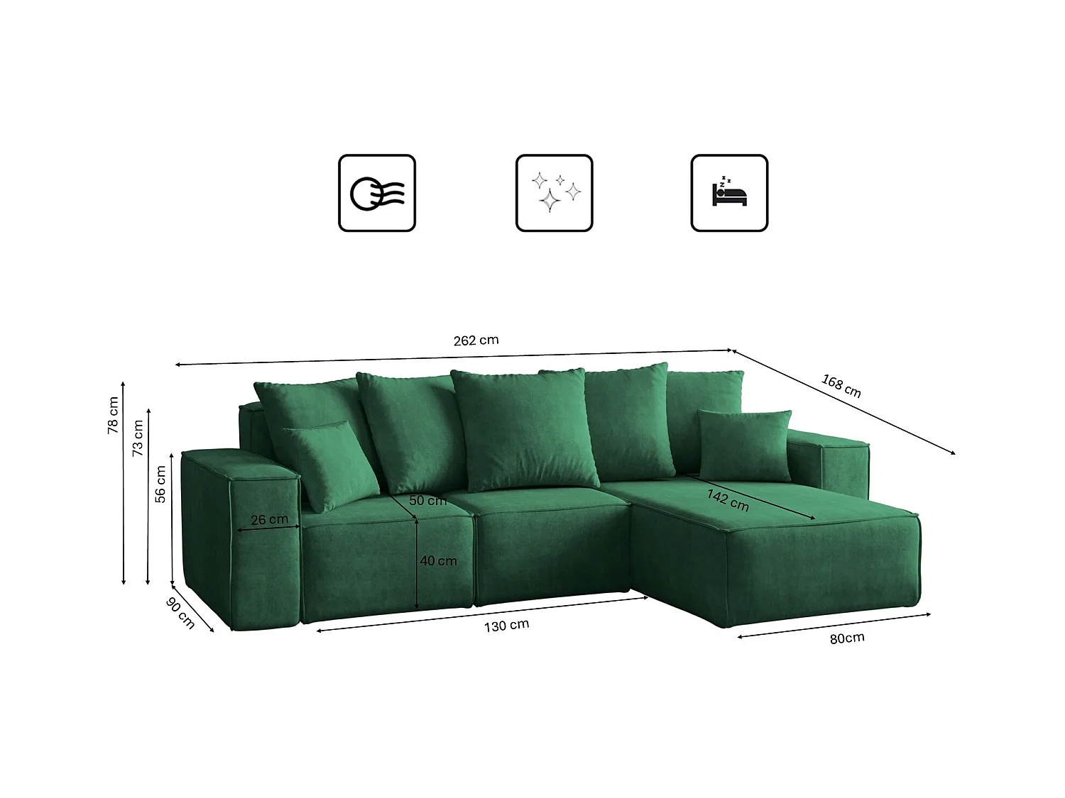 Canapé d'angle en L, collection premium ELLA, tissu Noel, vert, droit
