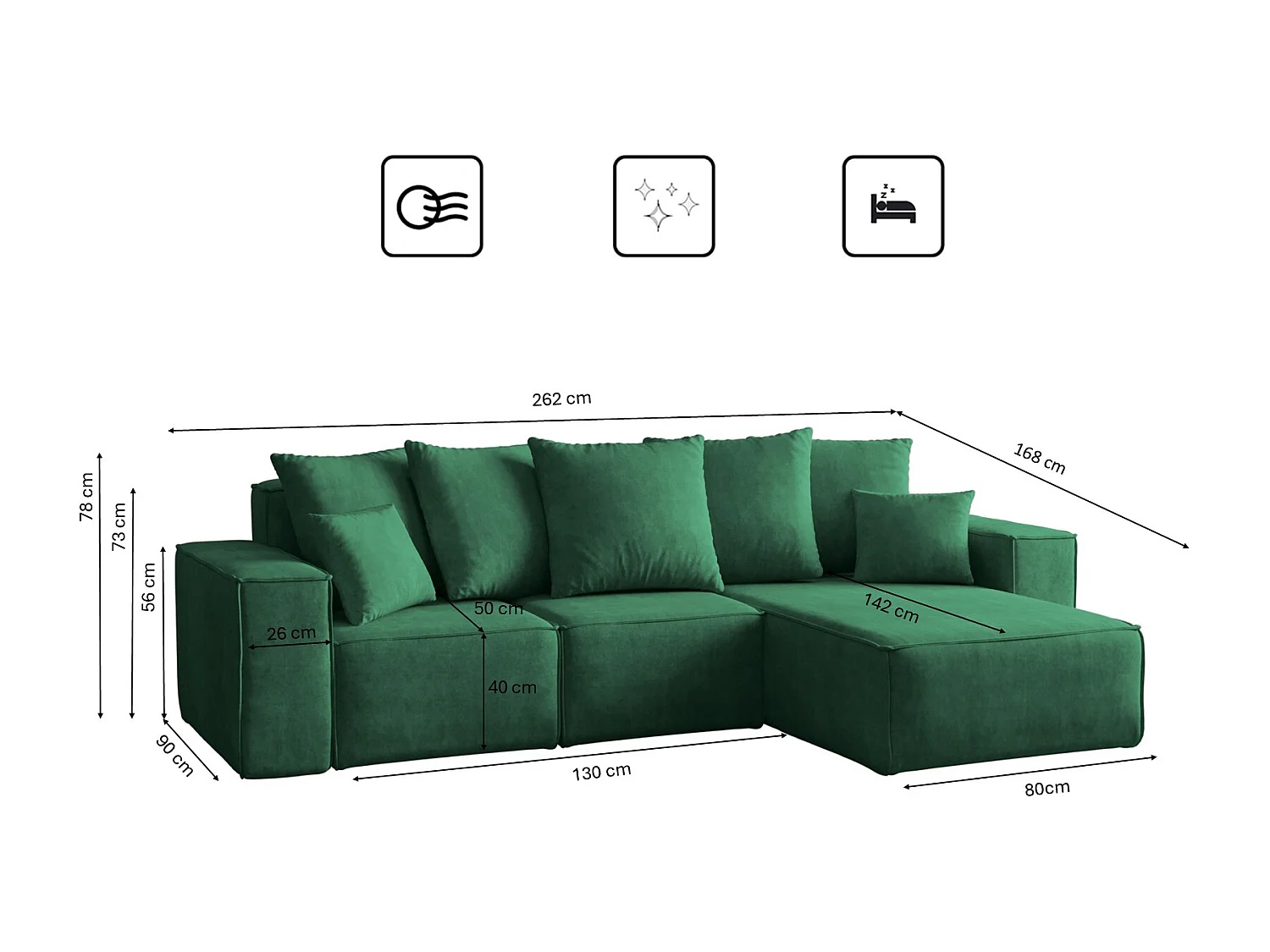 Canapé d'angle en L, collection premium ELLA, tissu Noel, vert, droit