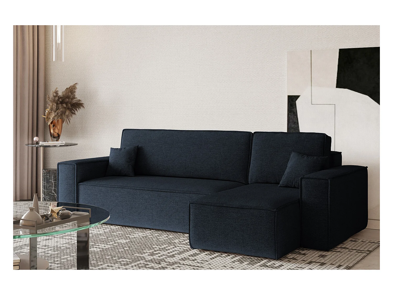 Canapé d'angle Best en L avec fonction couchage et coffre de lit, tissu Neve, bleu foncé, droit