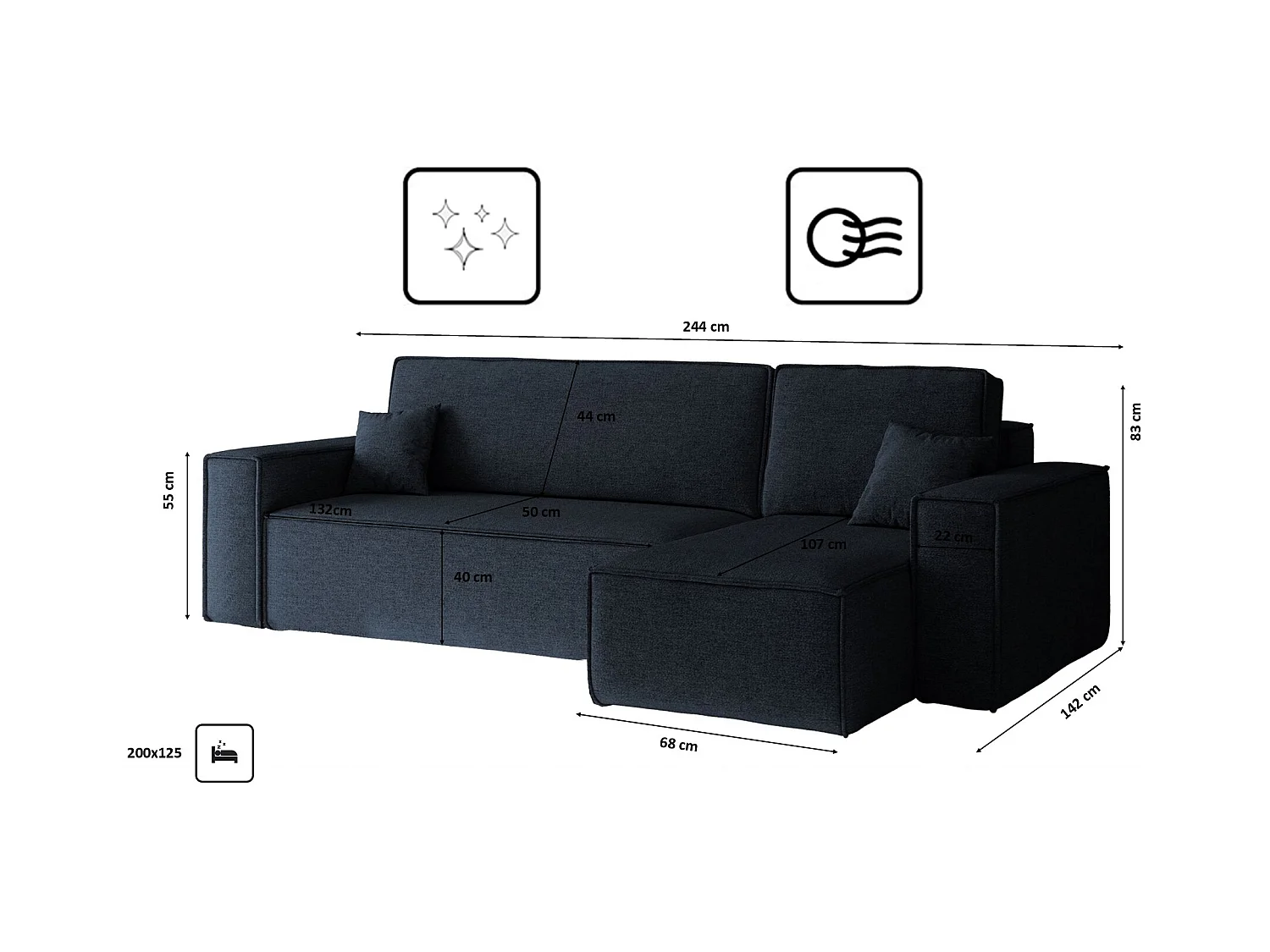 Canapé d'angle Best en L avec fonction couchage et coffre de lit, tissu Neve, bleu foncé, droit