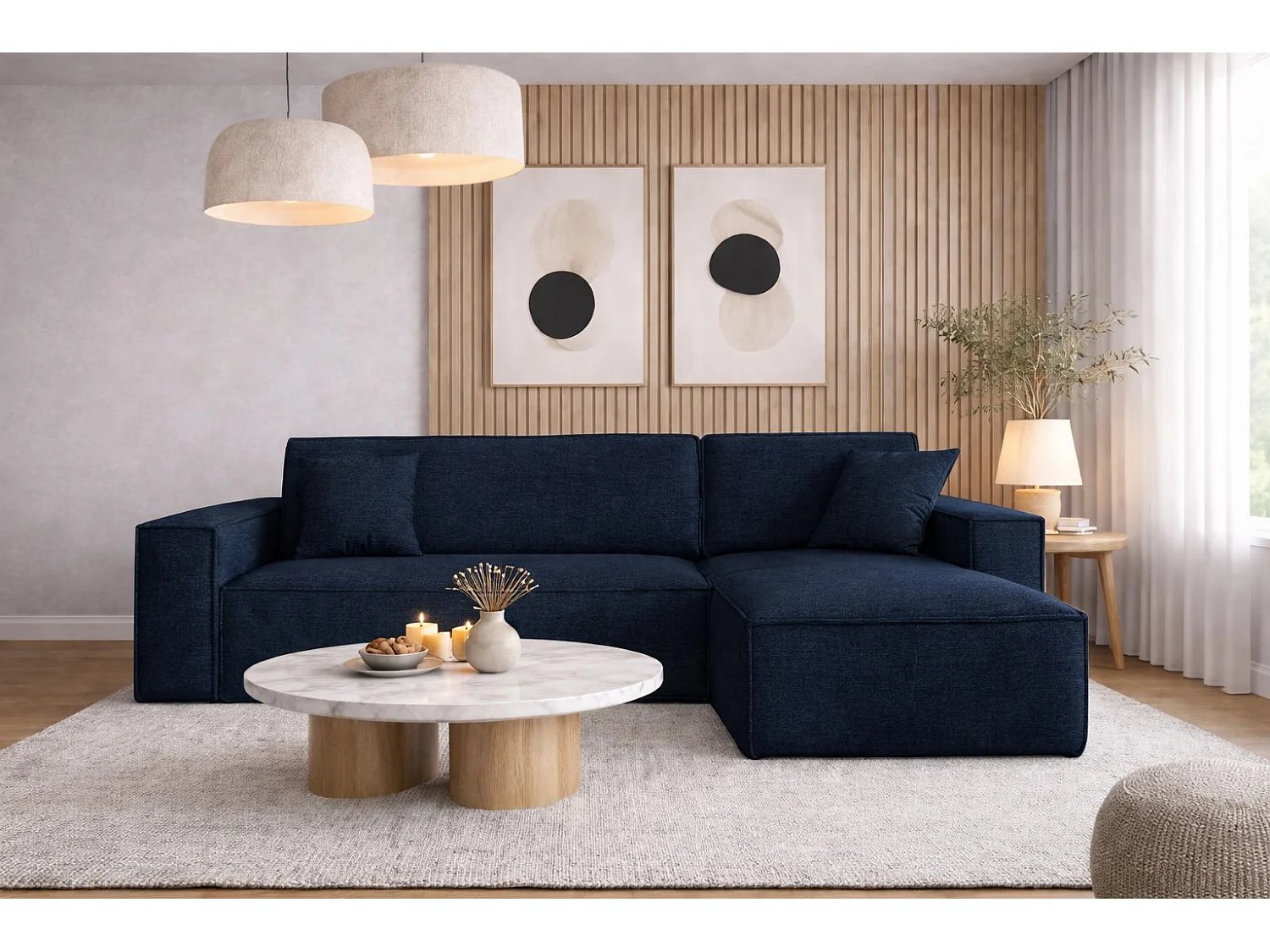 Narożnik BEST L z funkcją spania i pojemnikiem, tkanina Neve, Ciemnoniebieski, Prawy