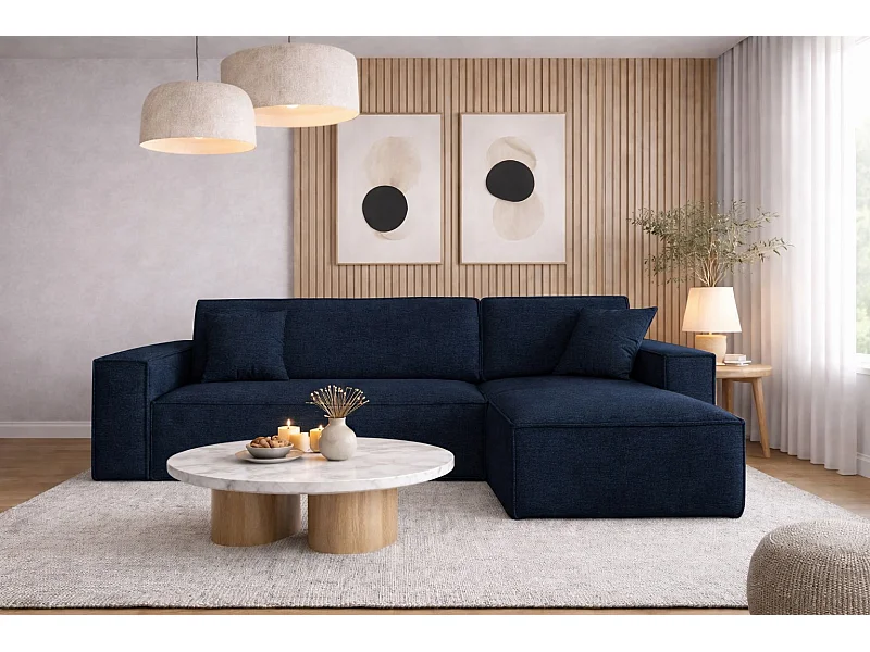 Hoekbank, L-vorm met slaapfunctie en bedkast, stof Neve, donkerblauw, rechts