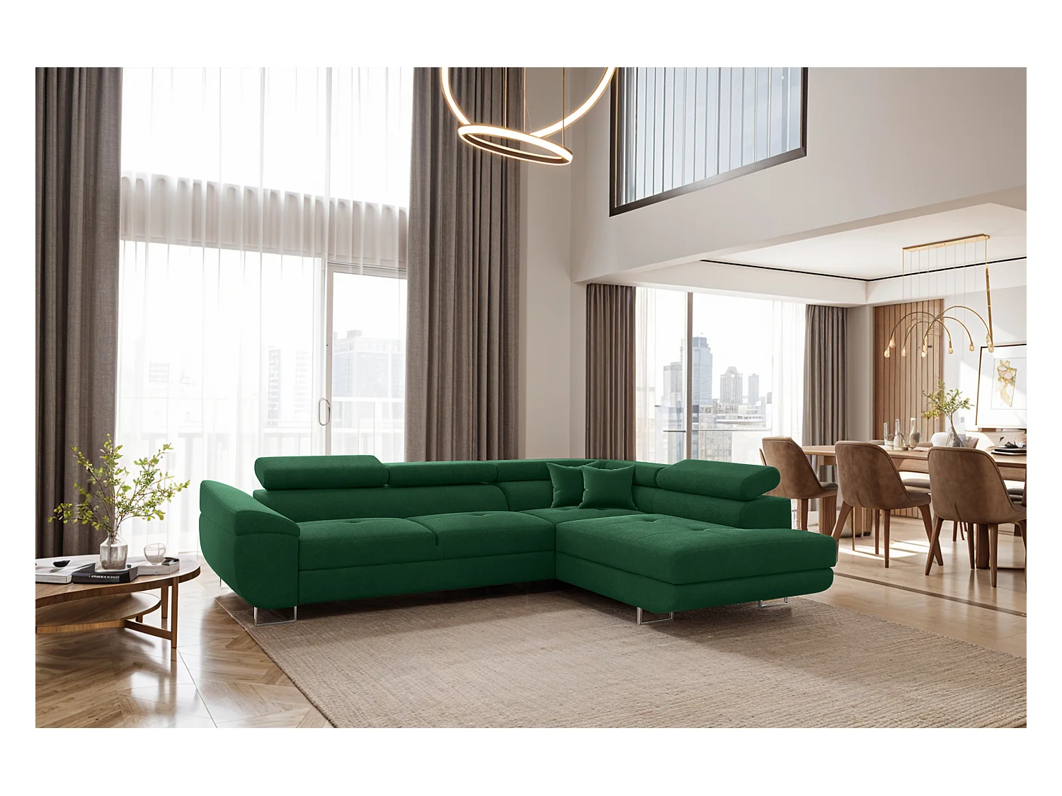 Canapé d'angle en L FALIO avec fonction couchage, tissu Noel, vert foncé, droite