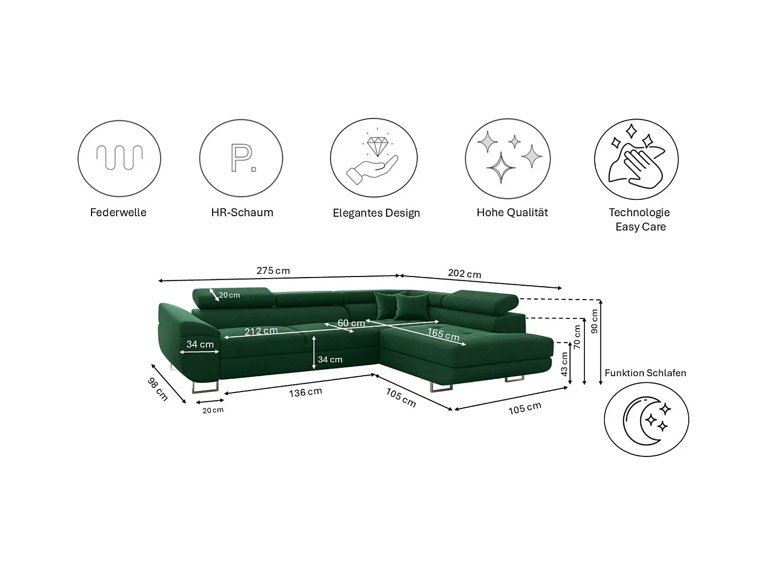 Canapé d'angle en L FALIO avec fonction couchage, tissu Noel, vert foncé, droite