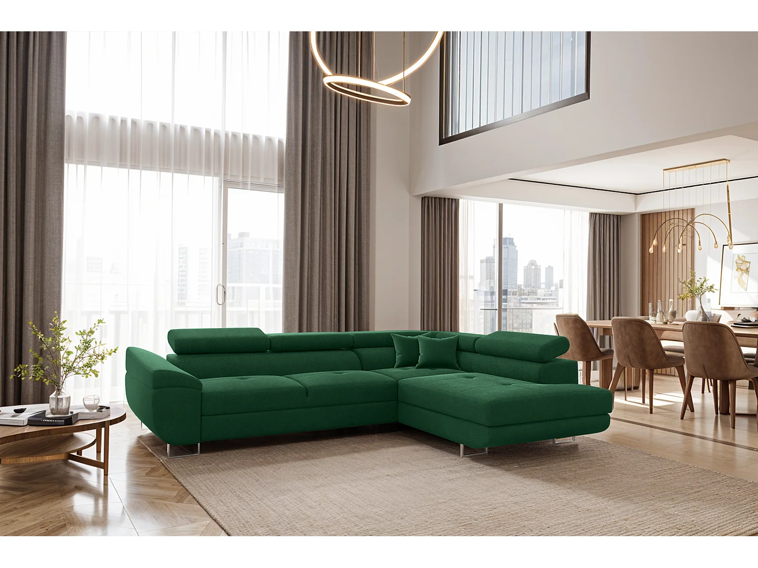 Canapé d'angle en L FALIO avec fonction couchage, tissu Noel, vert foncé, droite