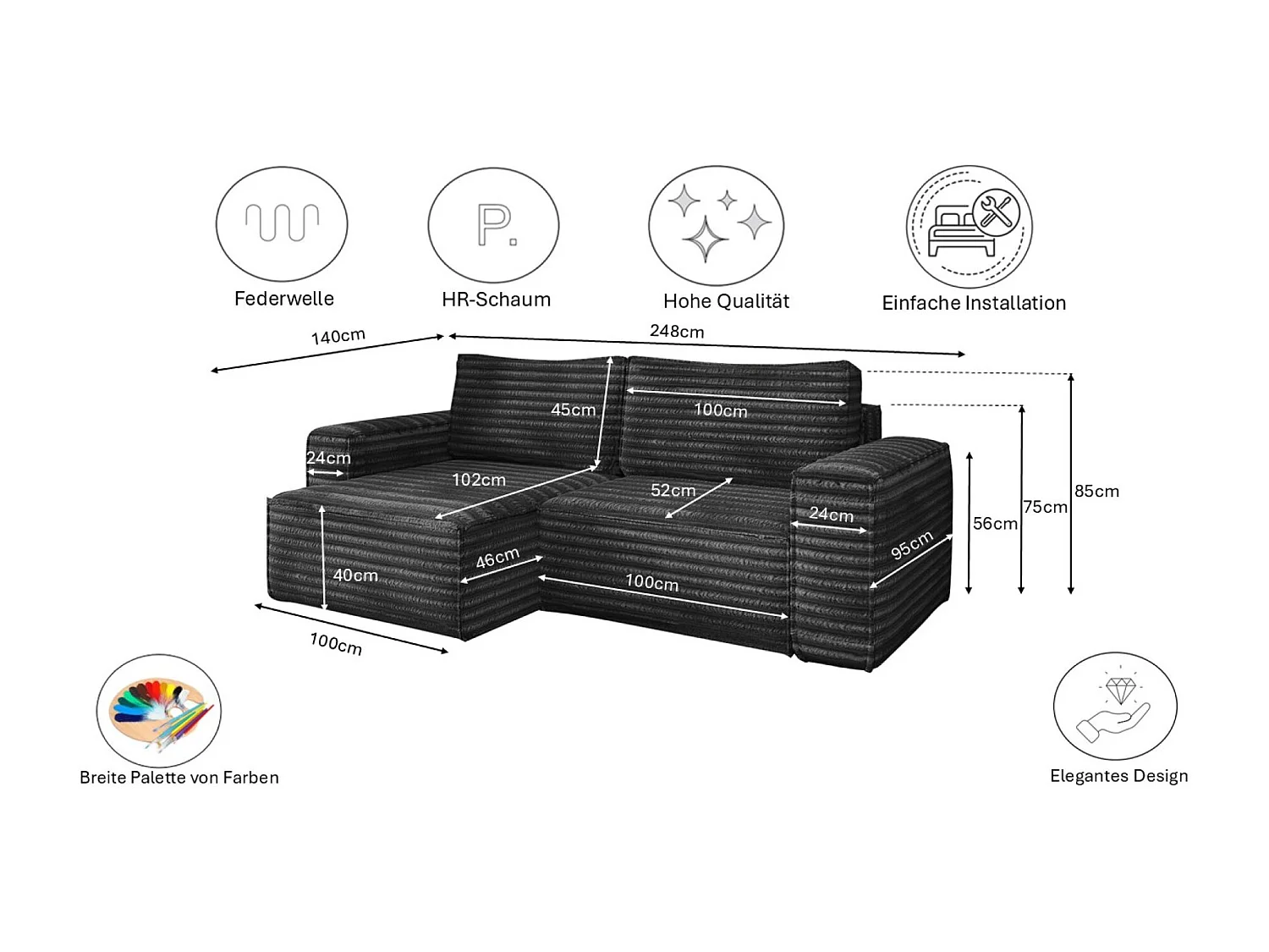 L-förmiges Bohoo-Ecksofa mit Schlaffunktion, Stoff Velo, Dunkelgrau, Links