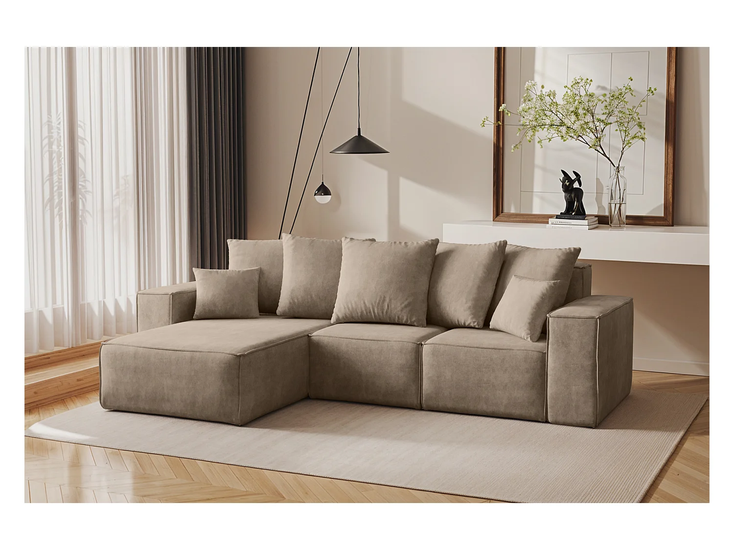 Canapé d'angle en L, collection premium ELLA, tissu Noel, beige, gauche