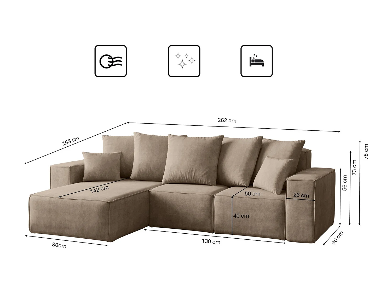 Canapé d'angle en L, collection premium ELLA, tissu Noel, beige, gauche