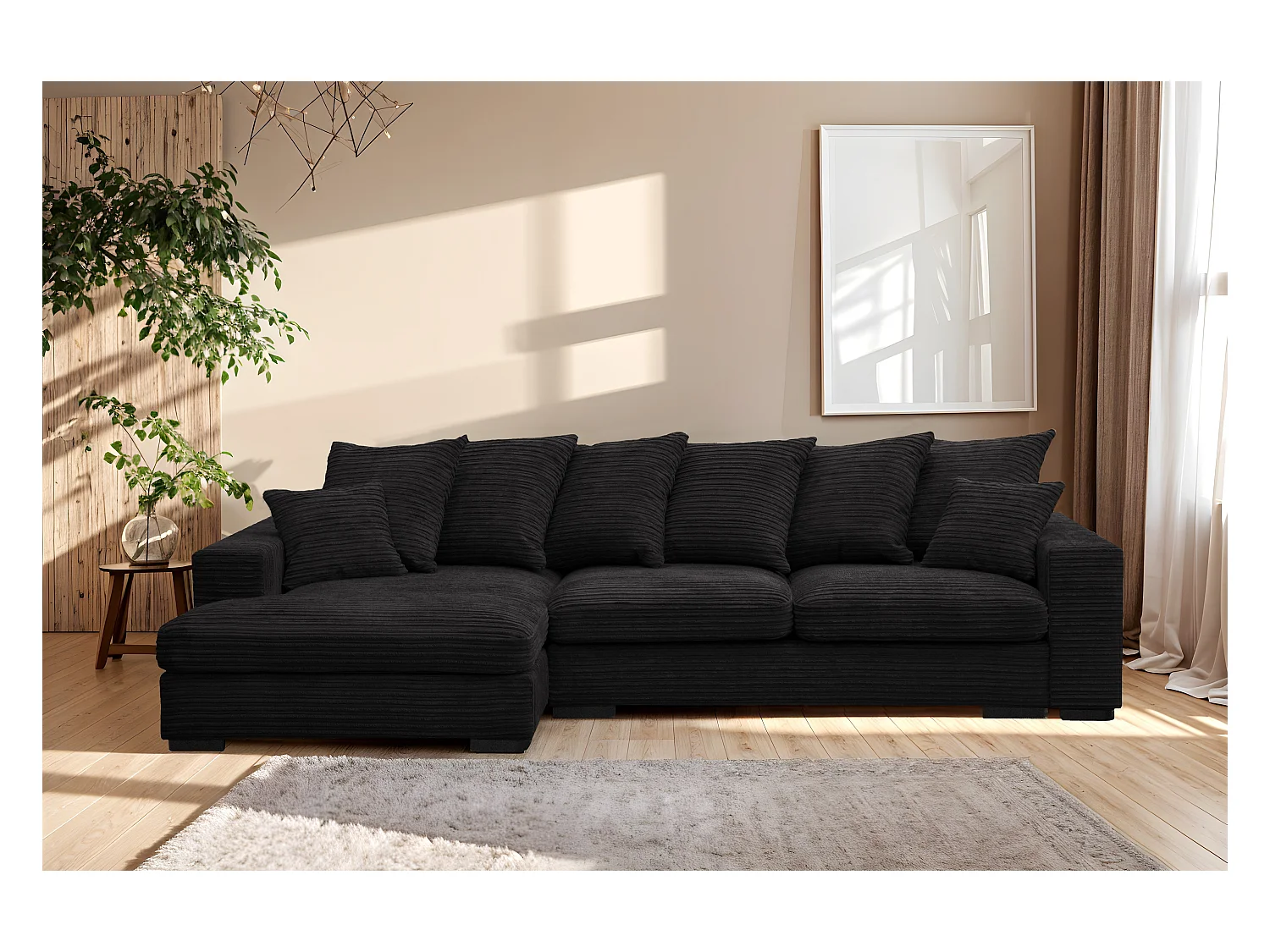 Canapé d'angle avec fonction couchage et coffre de lit, Canapé forme L, Canapé forme L tissu Gabon Zoom Noir Gauche