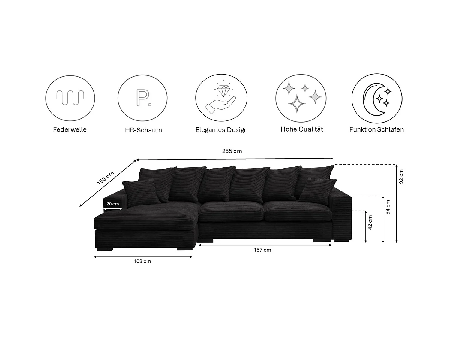 Canapé d'angle avec fonction couchage et coffre de lit, Canapé forme L, Canapé forme L tissu Gabon Zoom Noir Gauche