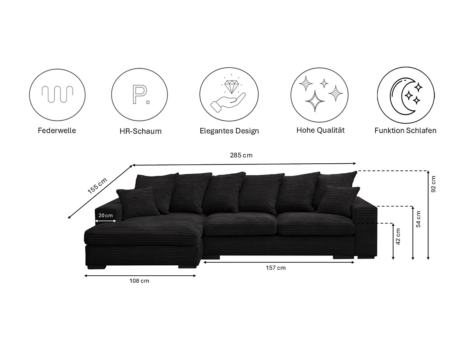 Canapé d'angle avec fonction couchage et coffre de lit, Canapé forme L, Canapé forme L tissu Gabon Zoom Noir Gauche