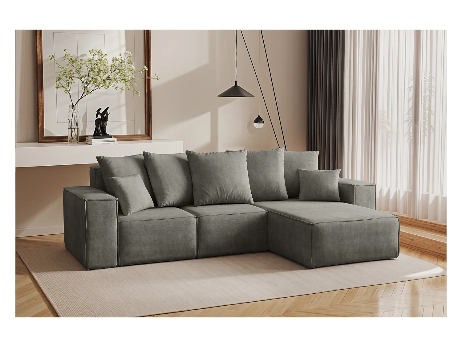 Canapé d'angle en L, collection premium ELLA, tissu Noel, gris, droit