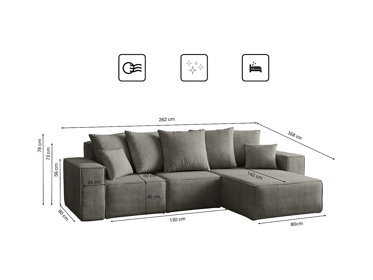 Canapé d'angle en L, collection premium ELLA, tissu Noel, gris, droit