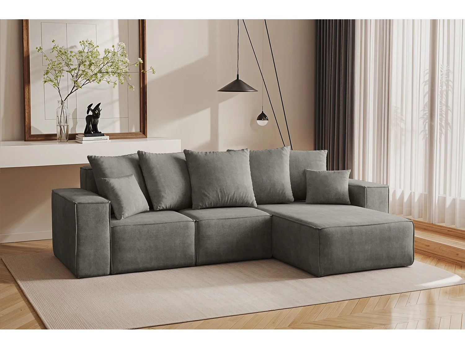 Canapé d'angle en L, collection premium ELLA, tissu Noel, gris, droit