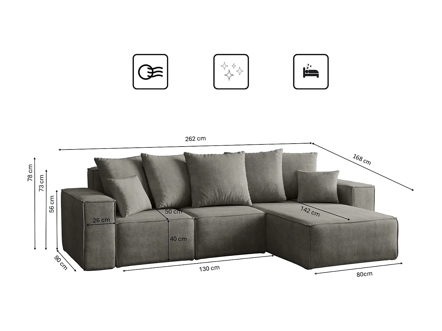 Canapé d'angle en L, collection premium ELLA, tissu Noel, gris, droit