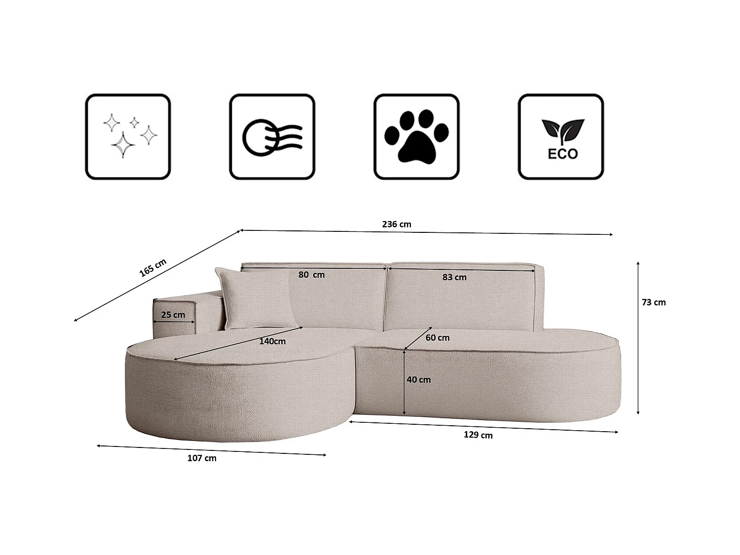 Canapé d'angle Modena Studio en tissu Artico, Nata Gauche